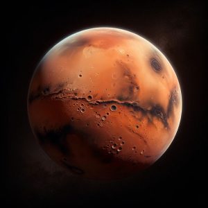 Here is the image of the planet Mars, depicted with its characteristic reddish surface and rugged landscape